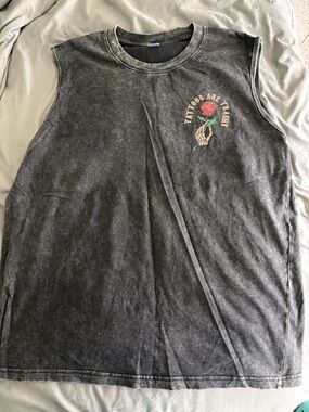 Men's Black Mineral-Wash Sleeveless Tee with Rose Skeleton Graphic